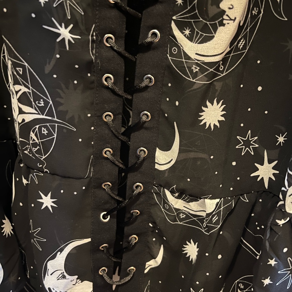 Killstar Moon & Stars Celestial Print Cold-Shoulder Sheer Asymmetrical Dress XL - Picture 10 of 16